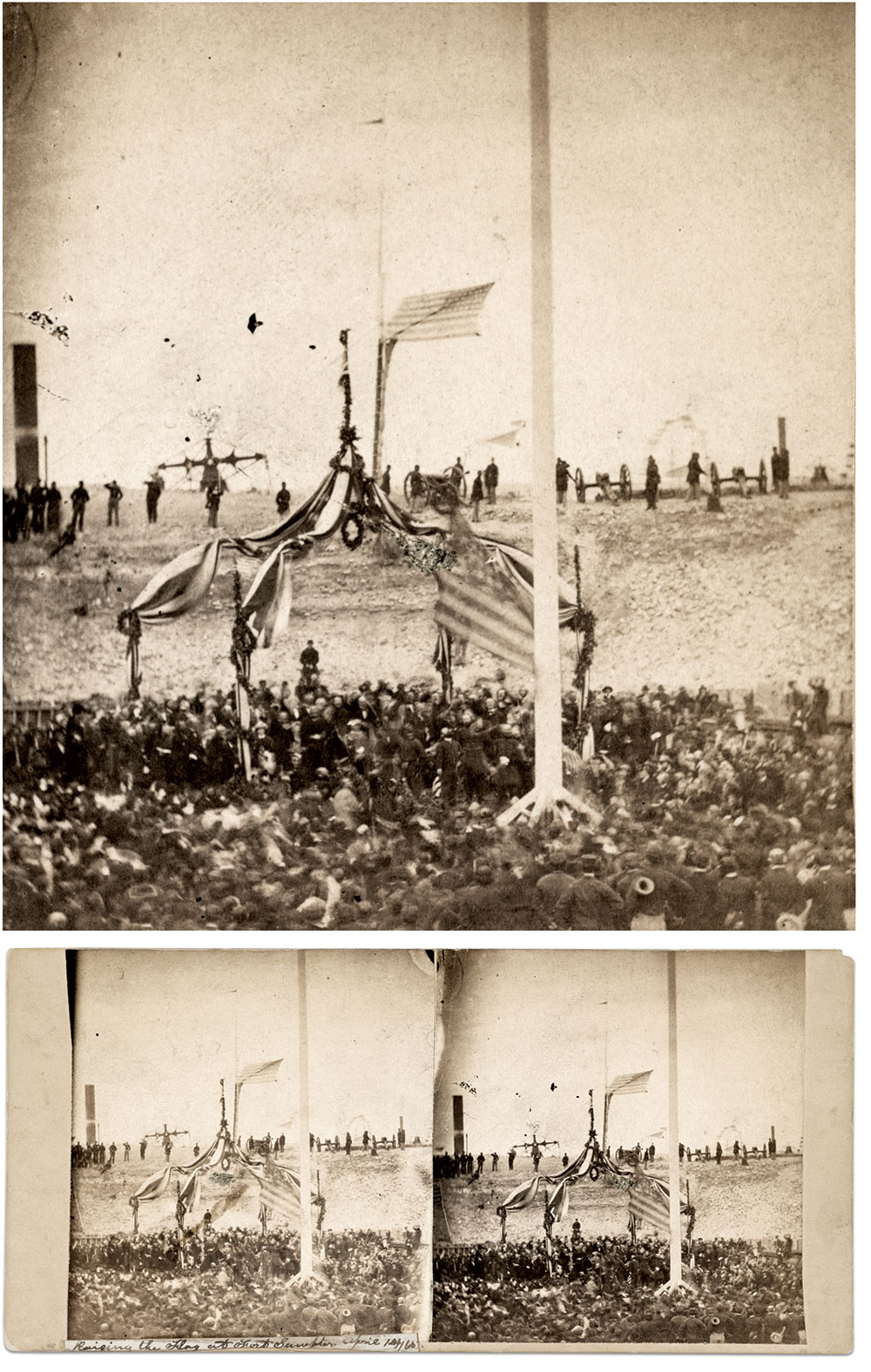 This half of a stereo card credited to photographer William E. James of Brooklyn, N.Y., contains the same imperfection obscuring part of the canopy and flag in the relic’s carte de visite. Library of Congress.