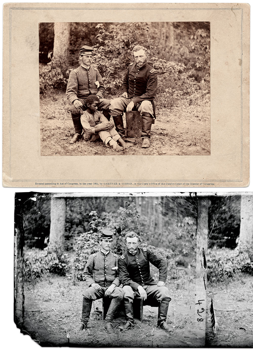 Custer’s account suggests that he and Washington posed with the child first, and then for a second portrait without him present. Albumen print (top) by Alexander Gardner and James F. Gibson of Washington, D.C., Metropolitan Museum of Art, Glass plate negative by James  F. Gibson of Washington, D.C.  Library of Congress.