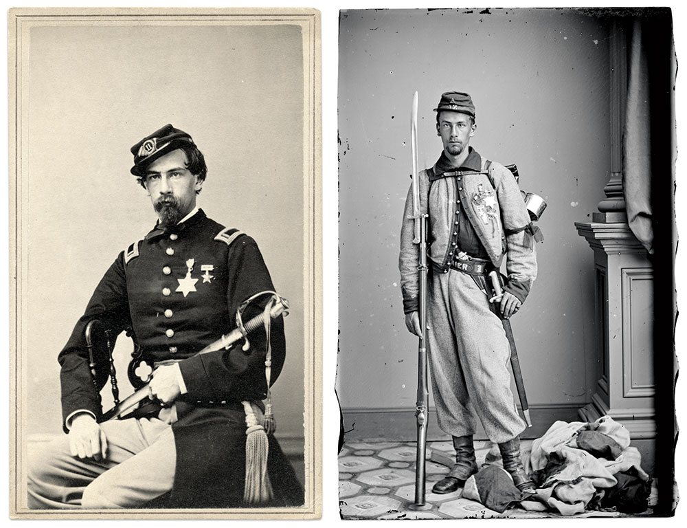 First Lieutenant Brownell (left) wearing the six-pointed gold medal presented to him by his hometown admirers in Troy and badge featuring a five-pointed star suspended below a case holding a remnant of the Marshall House flag, and (right) as a private with his foot standing on a crumpled rebel flag soon after he received the Troy medal and Marshall House flag fragment badge. Carte de visite by David Woodworth of Albany, N.Y. Rick Carlile Collection (left), and glass plate negative by Mathew B. Brady of New York City. National Portrait Gallery.