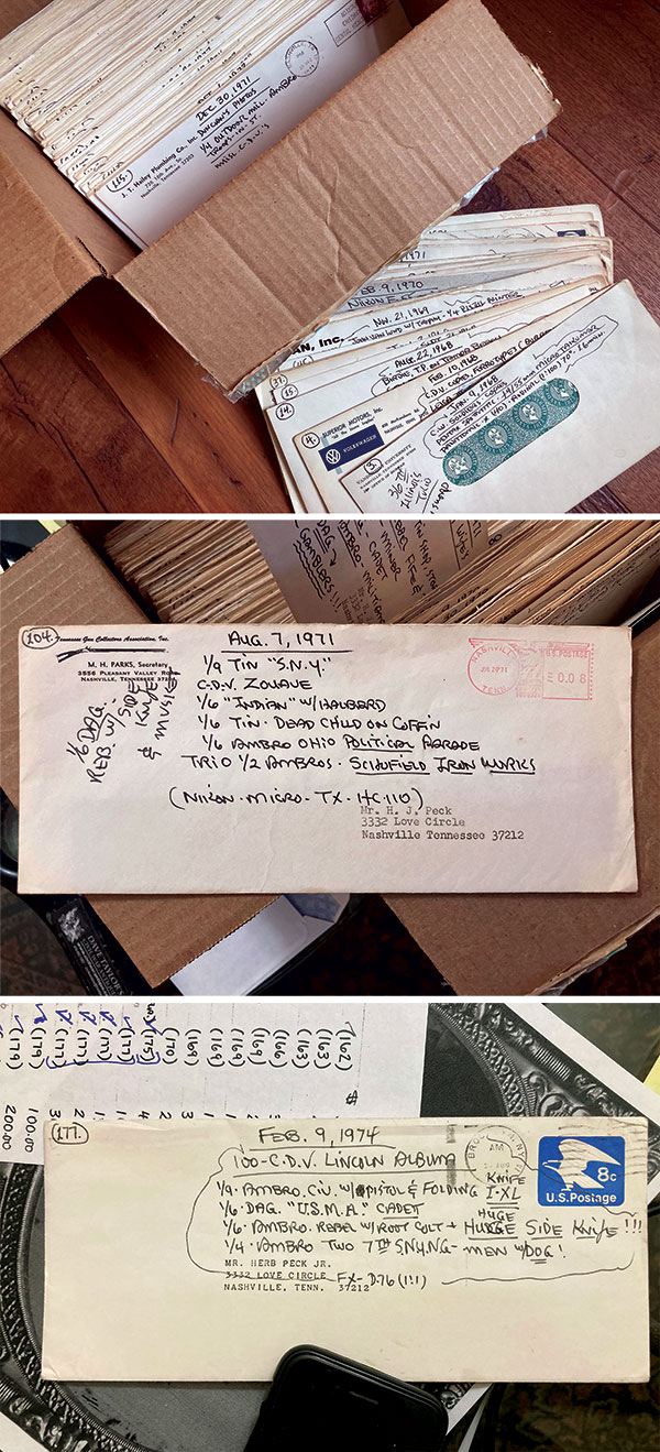 Items from Herb’s archives include a box of envelopes containing negatives (top) and two sample envelopes. Bruce matched the circled number located on the top left corner of each envelope to the master list of stolen images Herb created. Bruce used a photocopy of the list to track his work—a portion is visible in the above picture. Military Images.
