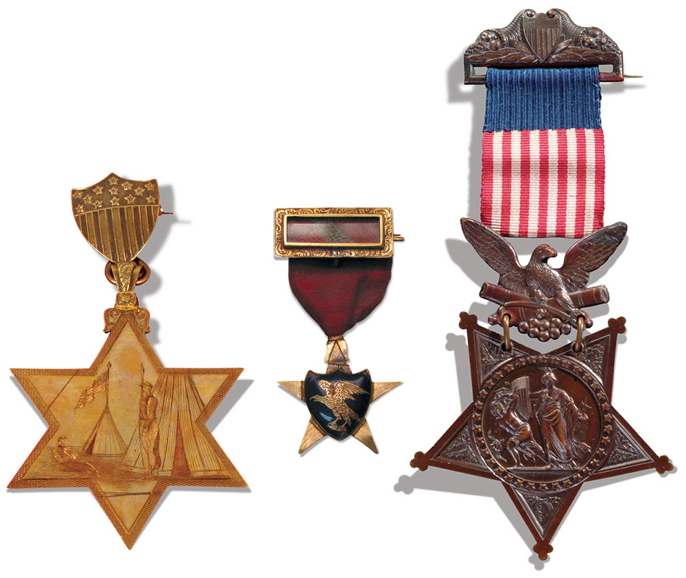Brownell's medals, from left: Troy, Marshall House flag fragment, and the Medal of Honor. National Museum of American History.
