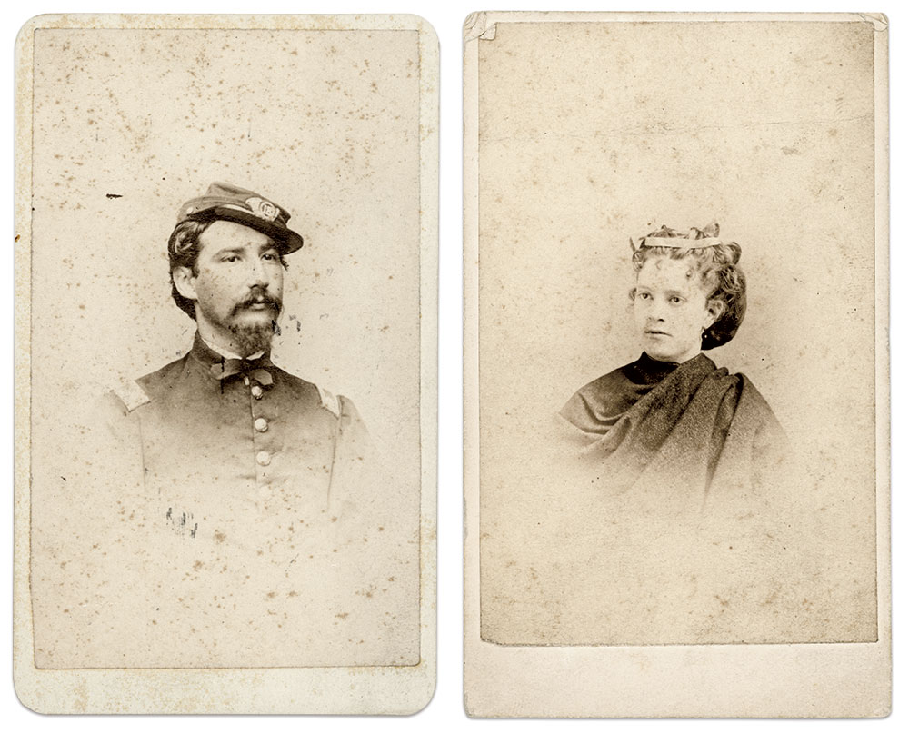 Haymond in 1867 and his wife, Mary Garrard. Cartes de visite by B.L.H. Dabbs of Pittsburgh, Pa. (left) and by an unidentified photographer.