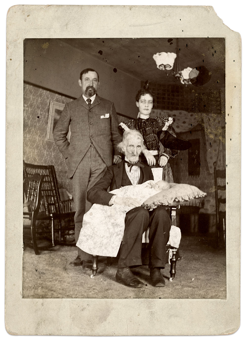 Four generations in 1896 (below): Haymond and his daughter, Delia, stand behind Haymond’s father Luther, who holds baby Eleanor, the future mother of Ned. Cabinet card by an unidentified photographer.