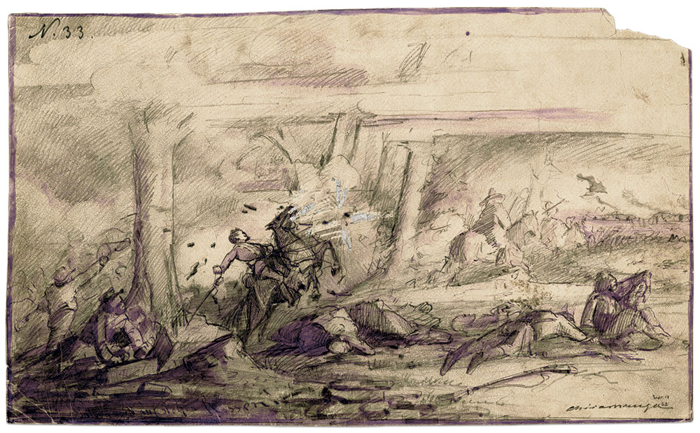 Captain Adolph G. Metzner of the 32nd Indiana Infantry created this watercolor of a scene during of the Battle of Chickamauga. Library of Congress.