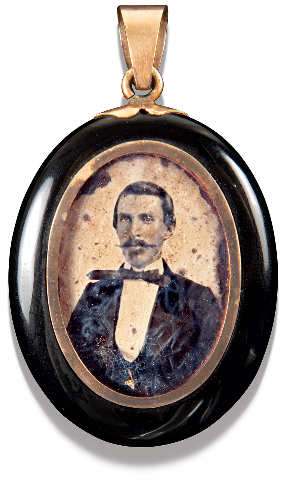 Earliest known portrait: This ambrotype of Semmes is housed in a small ebony oval pendant with a gold bezel and suspension loop, measuring approximately 2.5 x 1.5 inches. The image is dated circa 1857, at which time Semmes ranked as a U.S. Navy commander assigned to the Lighthouse Service as an inspector of Gulf Coast stations. He probably gave this portrait to his wife, Anne Elizabeth, to remember him while he was posted to distant locations. The Semmes family owned the portrait until the 1970s when it was obtained by antiques dealer Gary Hendershott and sold to the History Museum of Mobile, where it is displayed in the Raphael Semmes Gallery. Ambrotype by an unidentified photographer. Collection of the History Museum of Mobile; Photo by Jeff Tesney/Mobile, Ala.