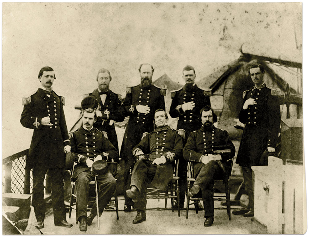 Officers of the Sumter: Semmes posed with his staff between June 1861 and January 1862. Seated to Semmes’ left is 1st Lt. William E. Evans and, to his right, 1st Asst. Engineer Miles J. Freeman. Standing from left to right: Surg. Francis L. Galt, Lt. John N. Stribling, 1st Lt. John McIntosh Kell, Lt. Robert T. Chapman and Marine Lt. Beckett K. Howell, a brother-in law of Jefferson Davis. Print by an unidentified photographer. U.S. Naval History and Heritage Command Collection.