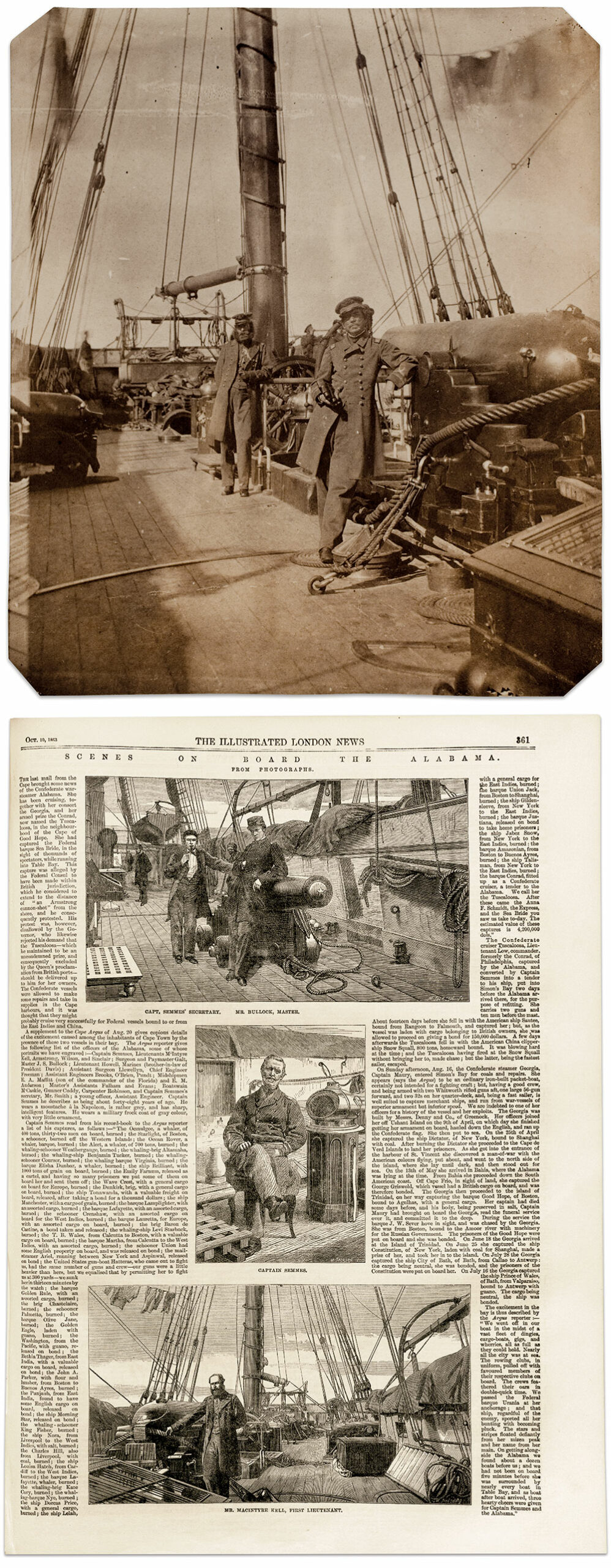 After arriving at Cape Town in early August 1863, Semmes posed for a series of portraits with his officers on the Alabama. In this view (top), 1st Lt. John McIntosh Kell stands behind him. Engravings of this image and two others appeared in the Oct. 10, 1863, issue of the Illustrated London News. The portraits are attributed to Canadian-born photographer Arthur Green (1832-1873), who moved to Cape Town in the late 1840s. He eventually established his own studio. Green left Cape Town in 1866 for New York City, where he worked as a photographer’s assistant until his death. Albumen print attributed to Arthur Green of Cape Town, South Africa. Courtesy of the George Eastman Museum; engravings from Library of Congress.