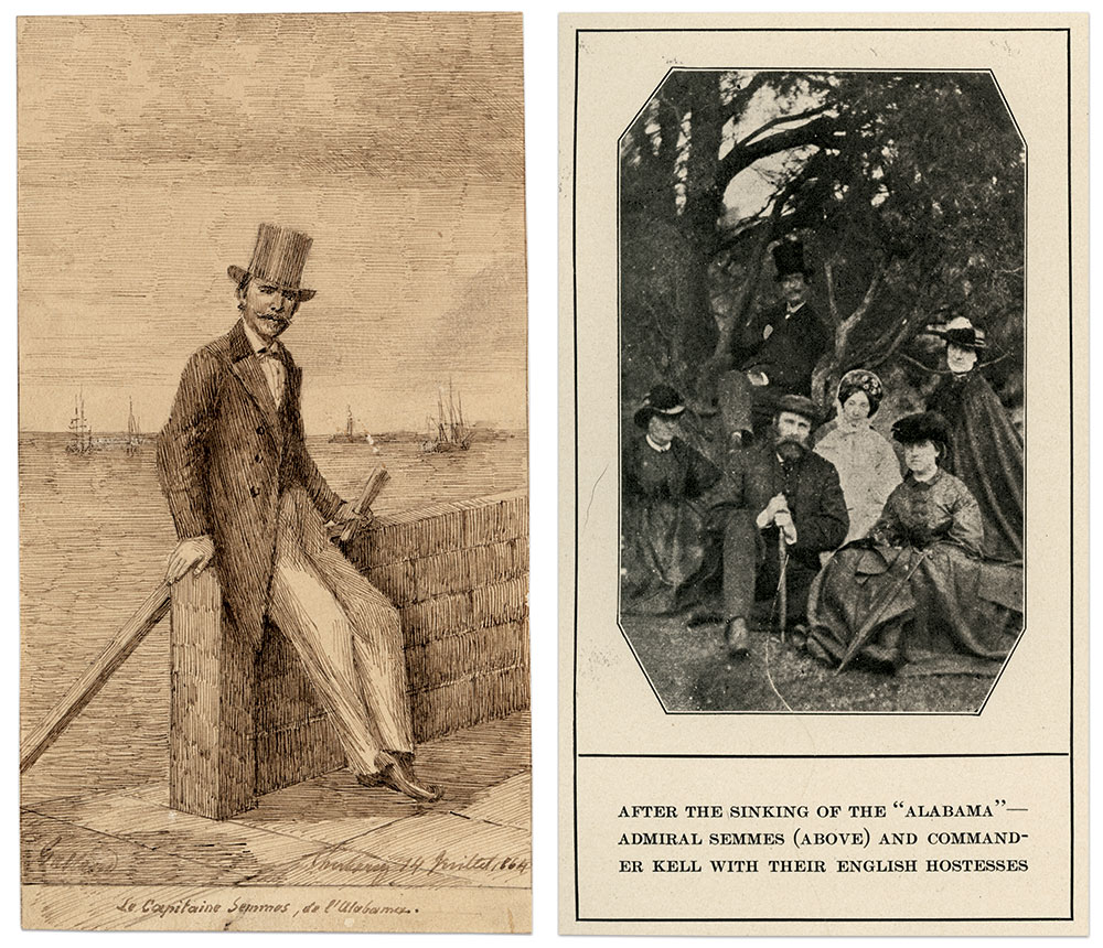 On July 14, 1864, just three weeks after the destruction of the Alabama, artist Pierre Victor Galland sketched Semmes in civilian attire, left, wearing a jaunty top hat and holding a scroll of paper. He is seated on a low seawall with a view of Cherbourg Harbor behind him. In England after his rescue, right, Semmes accepted an invitation by his dear friend, Rev. Francis William Tremlett, to be a house guest at his vicarage at London’s Belsize Park. A passionate and effective promoter of the Confederate cause in London, Tremlett served as vicar of St. Peter’s Church. In this view, one of two known to exist, Semmes and 1st Lt. Kell pose with four English ladies. It was published in Volume 6 of Miller’s Photographic History of the Civil War. National portrait gallery, left, and author's collection.