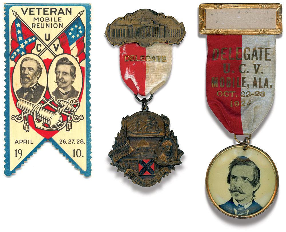 United Confederate Veterans in Alabama paid tribute to a favorite son by placing Semmes’ portrait on badges, from left: a 1910 celluloid reunion badge from Mobile, a bronze badge from the 41st reunion held in Montgomery in 1941, and a delegate badge from the 1924 reunion held in Mobile. From left: Everitt Bowles Collection, author's collection, Lon Ellis Collection.