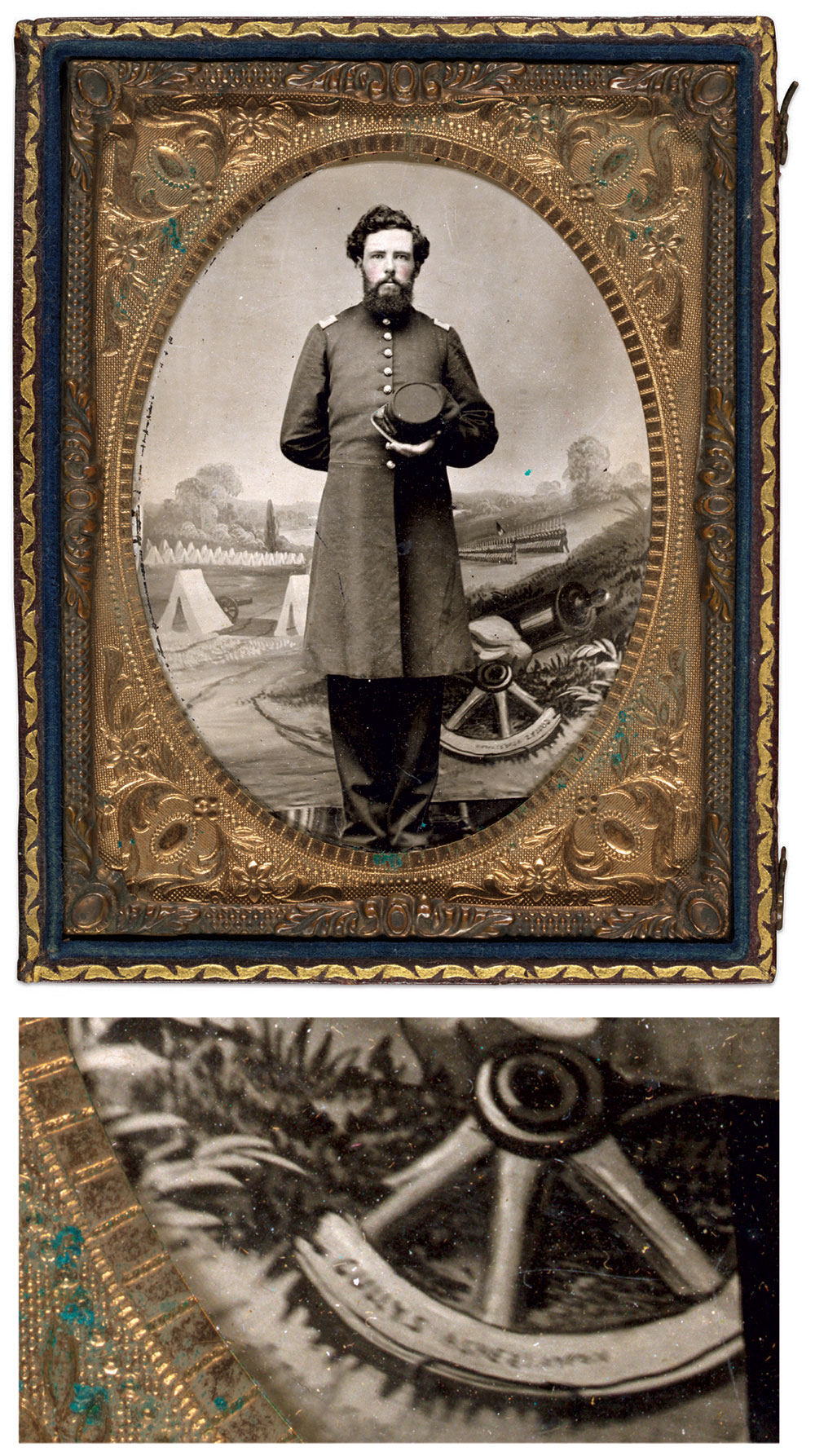 An unidentified Union officer posed in front of a distinctive backdrop featuring a fragment of a cannon wheel. A detail of the wheel, flipped here to compensate for the lateral reversal of the camera, shows the word “CULLYS” and another word that may possibly begin with “ASH.” Quarter-plate tintype by an unidentified photographer. The Liljenquist Family Collection at the Library of Congress.