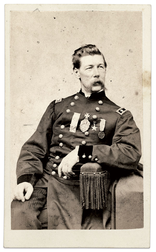 Shaler pictured as a brevet major general, circa 1866. The medals pinned to his chest may be commemoratives, or civilian or hereditary society medals. Carte de visite by Henry Chamberlin of New York City. Scott Hilts Collection.