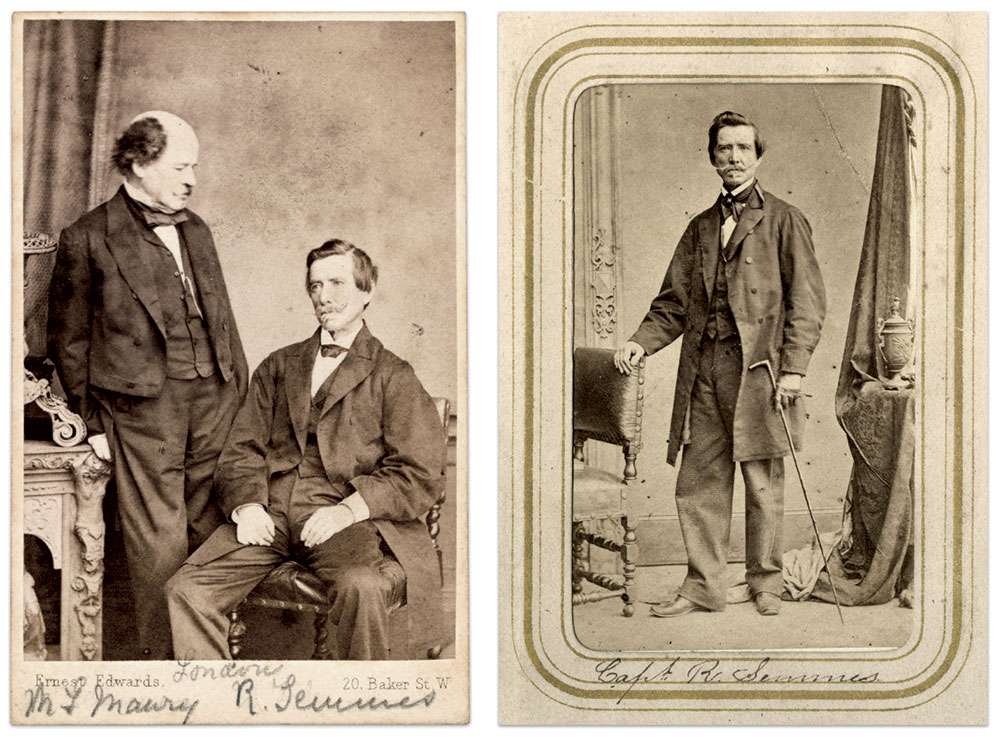 Semmes held Matthew Fontaine Maury, the “Pathfinder of the Sea,” left, in great admiration. He often referred to Maury’s charts of oceanic currents. In this poignant photograph, probably taken in the summer of 1864, Maury looks down upon the defeated Semmes. Semmes, right, stands with a fashionable walking stick, likely taken in Southampton in the summer of 1864. Cartes de visite by an unidentified photographer, left, The University of Alabama Libraries Special Collections, and Ernest Edwards of London, England. Library of Congress.