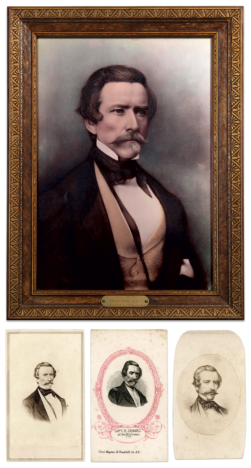 Semmes sat for this portrait (top) in the late 1850s. His stern countenance and developed mustache and beard make him appear considerably older than his circa 1857 ambrotype. Enterprising photographers sold artistic variations as cartes de visite (above) after he attained notoriety as a raider. Counterclockwise from top: Print by an anonymous photographer, Collection of the History Museum of Mobile, Photo by Jeff Tesney/Mobile, Ala.; Cartes de visite from the author's collection by Edward and Henry T. Anthony of New York City, Charles Magnus of New York City and Quayle and Gault of Hamilton, Bermuda.