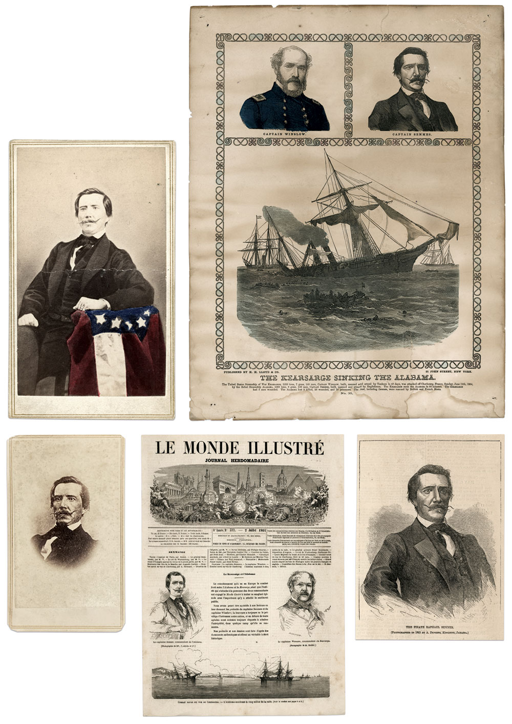 This portrait, top left, by Adolphe Duperly, was used in various ways, as evidenced by the images on this page. Northern photographers pirated it in whole or as a vignette. It also appears in reverse in an engraving in the July 23, 1864, issue of Harper’s Weekly, the French newspaper Le Monde Illustrè, and a broadside published by H.H. Lloyd and Co. of New York City announcing the destruction of the Alabama. Cartes de visite by Charles D. Fredricks and Co. of New York City, CommanderGerald C. Roxbury, USN Retired Collection, and an unidentified photographer, author’s collection. Engravings from the author's collection.