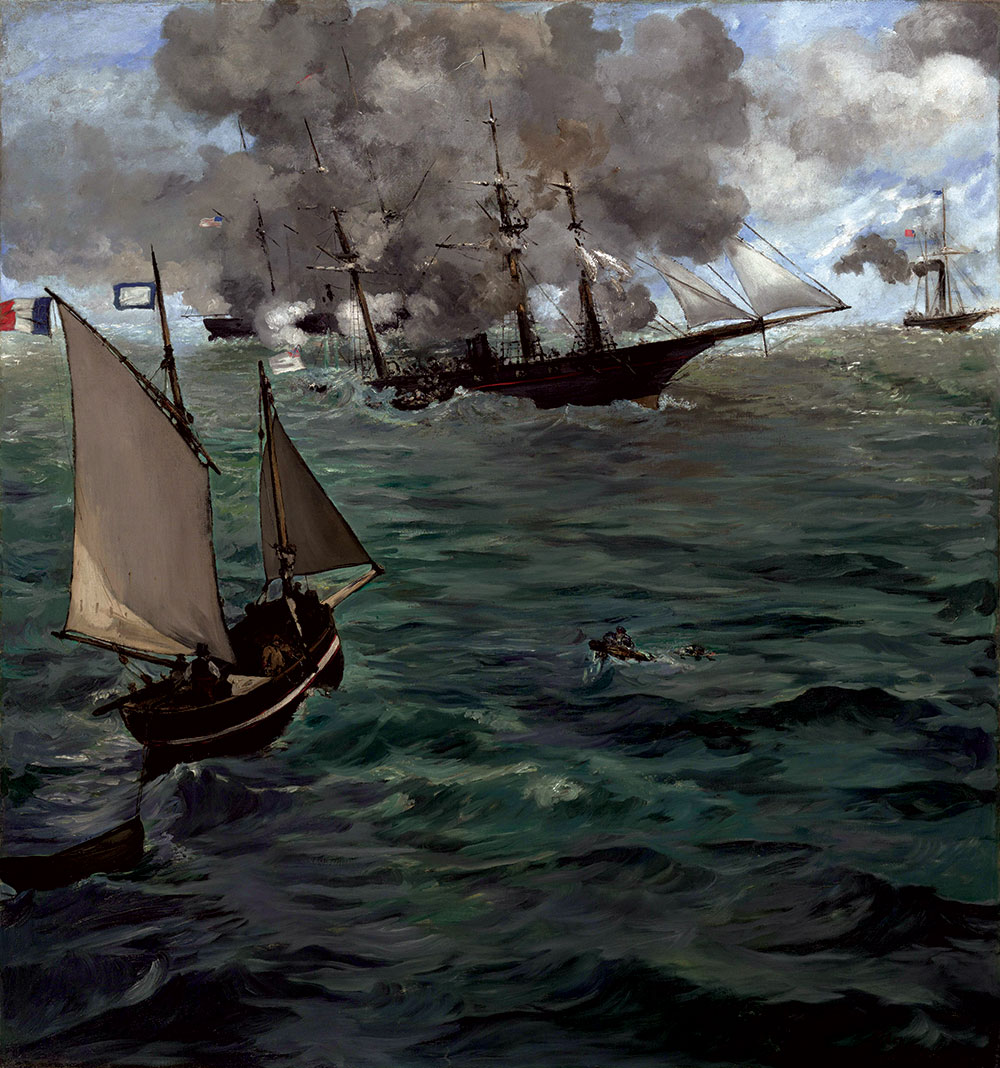 INSPIRATION FOR PAINTERS: Artists of various backgrounds and abilities portrayed the clash in Cherbourg Harbor. They include Édouard Manet’s “The Battle of the Kearsarge and the Alabama.” Philadelphia Museum of Art.