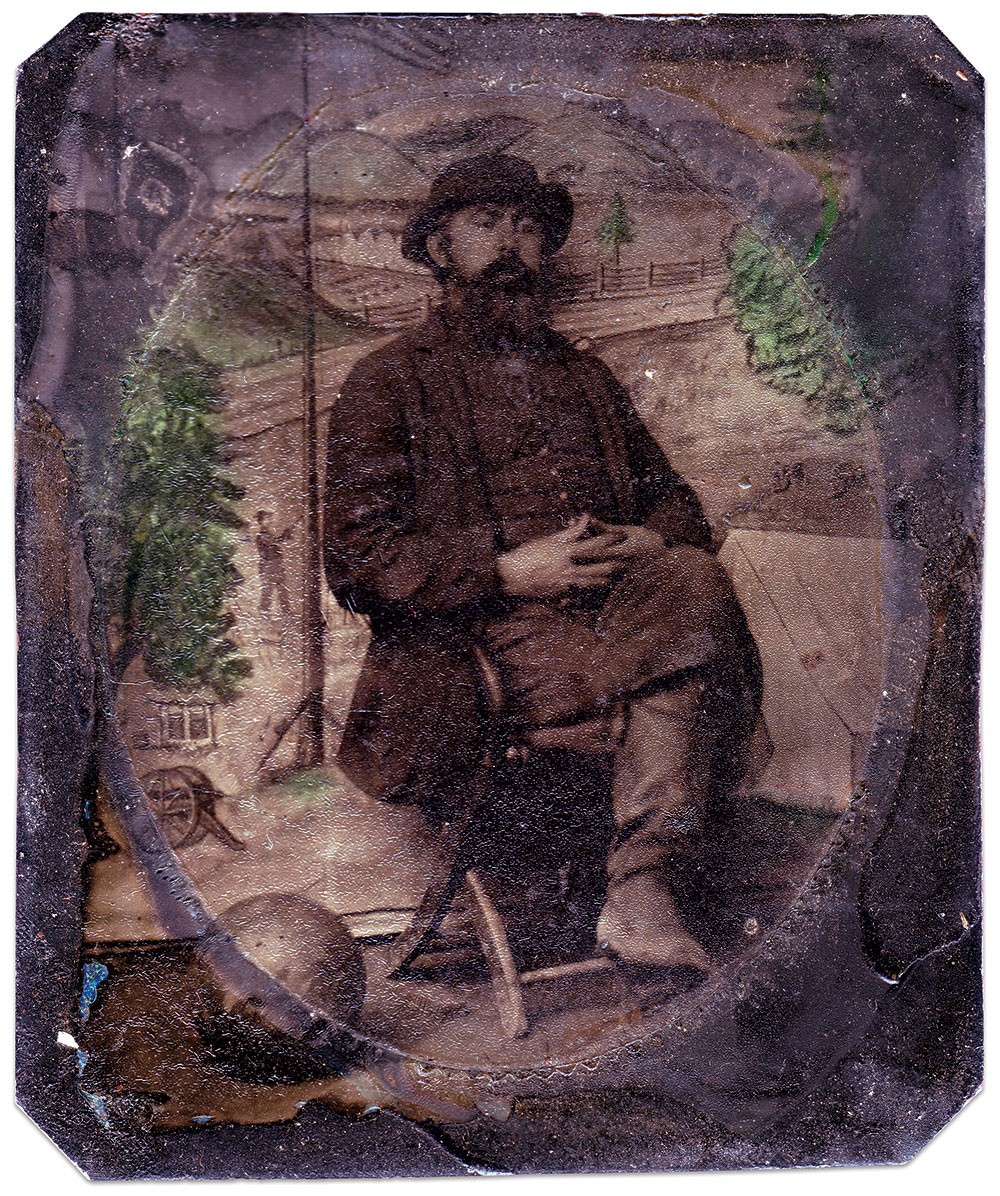 Kunstman and his distinctive cannonball backdrop. Sixth-plate tintype. Kyle L. Miller Collection.