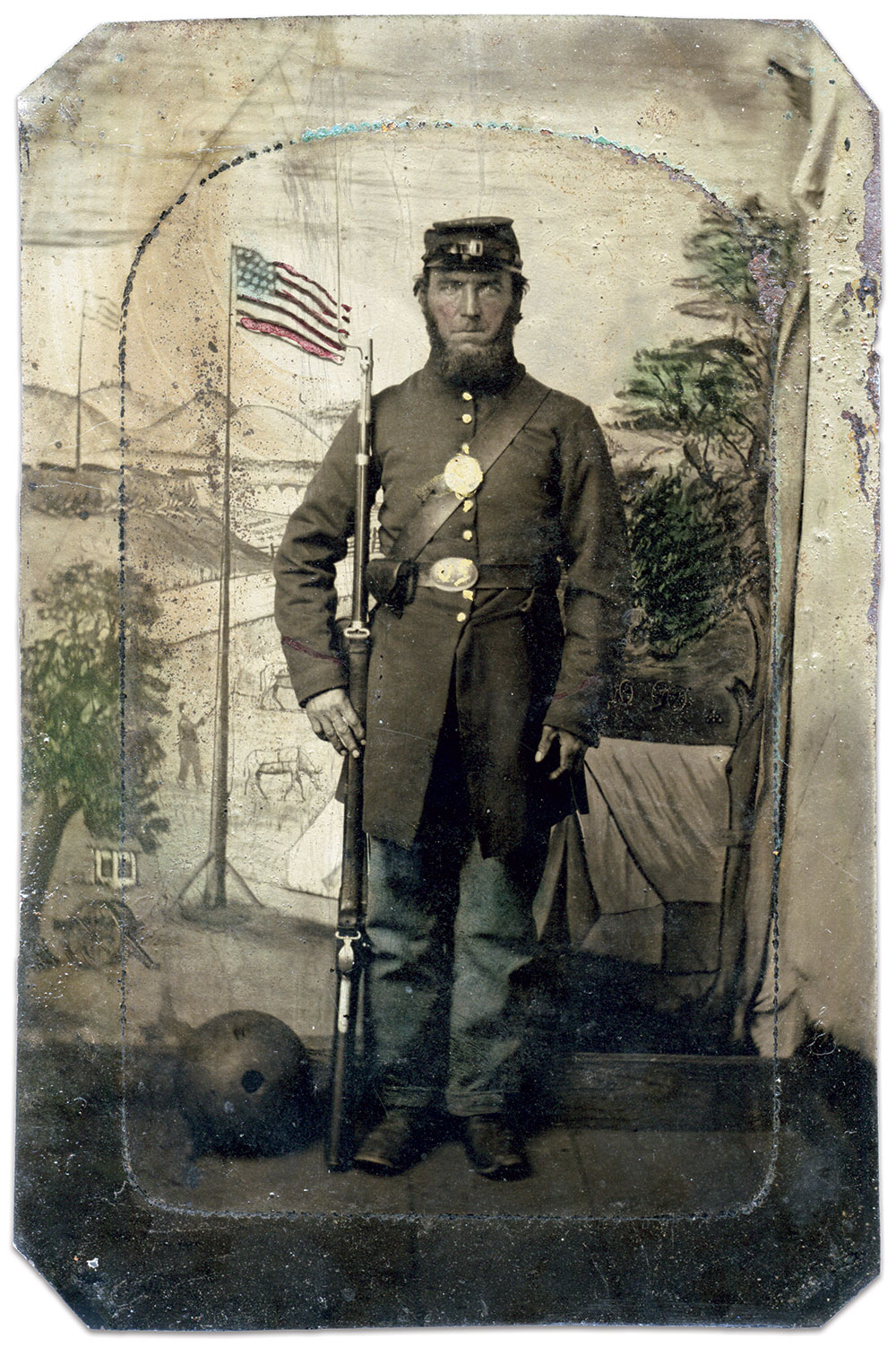 Published in the Winter 2019 issue of MI with the partial identification “Samuel Bo—,” owner Michele Behan consulted with John Richter of the Center for Civil War Photography and other sources to identify him as Samuel Boehler (Behler) of the 2nd Pennsylvania Heavy Artillery. He was killed in action on July 10, 1864, during the Siege of Petersburg. Eighth-plate tintype. Michele Behan Collection.