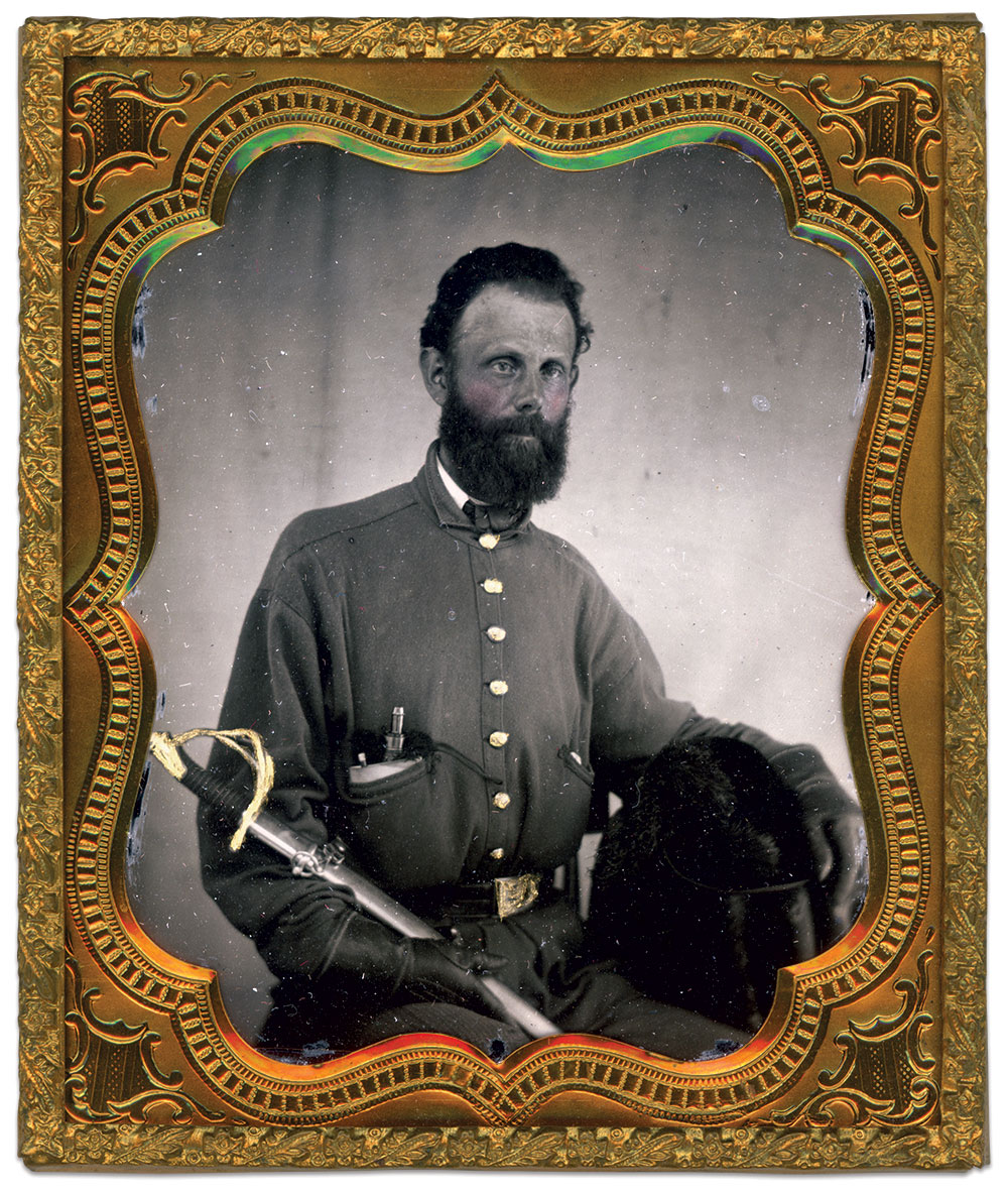 John Augustine Washington III (opposite), pictured as a lieutenant colonel and aide to Gen. Robert E. Lee, circa May 1861. His modest blouse, lacking insignia, suggests he followed Lee in a less ostentatious show of rank. He carries a powder flask, notebook and mechanical pen in his pocket. In a letter to his eldest daughter Louisa on May 8, 1861, Washington noted, “I have not yet got my uniform but am having it made, and as soon as it is done I will have my portrait taken in it so that you all can see how I look.” Sixth-plate ambrotype attributed to a photographer in Richmond, Va. Bobby McCoy Collection.