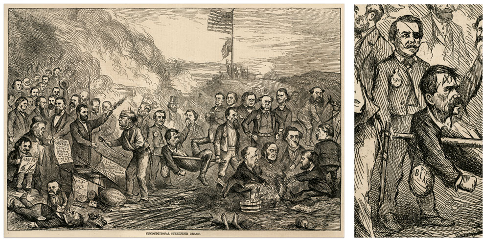 Nast set aside all decorum in this portrayal of litter bearer Semmes as a pirate with a patch over his left eye and the 290 badge in “Unconditional Surrender Grant” (November 21). Nast again included himself at bottom far left. Author's collection.