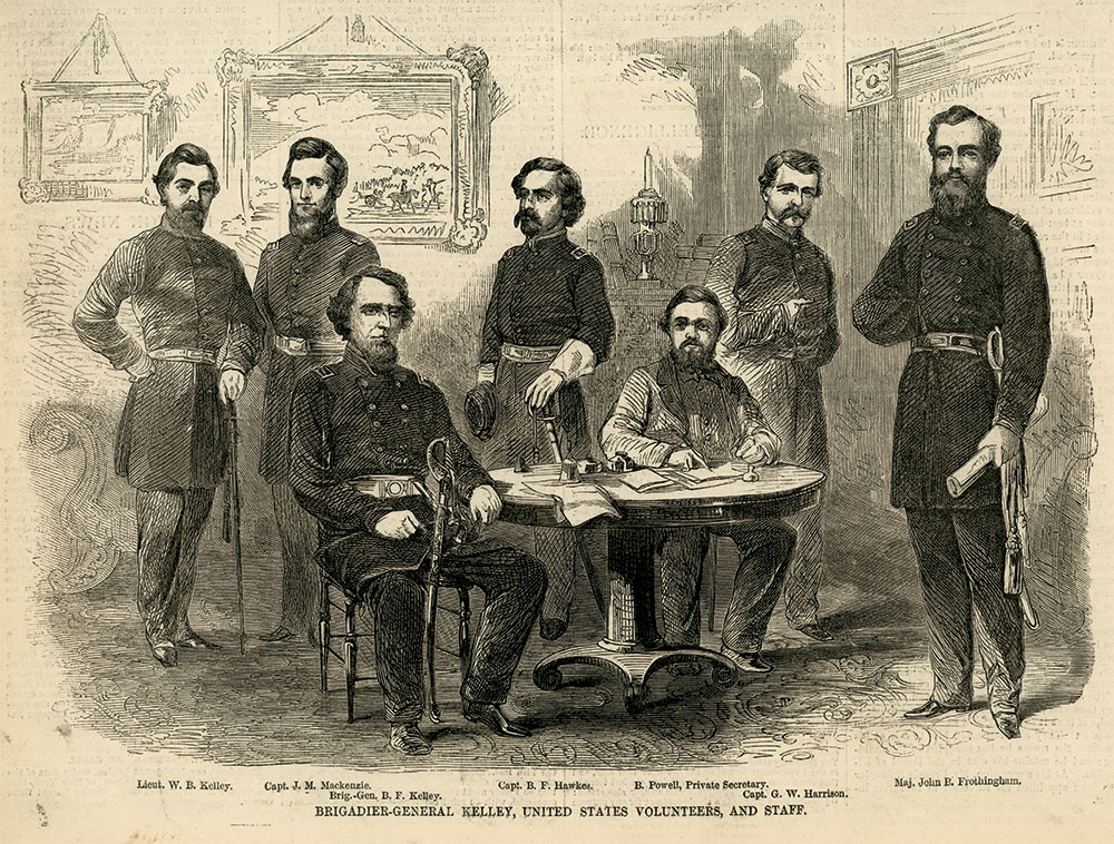 Trusted staff: The Feb. 1, 1862, issue of Harper’s Weekly featured this engraving of Kelley with his staff, including two of his sons, from left: 1st Lt. Willam B. Kelley, Capt. John M. Mackenzie, Captain Benjamin F. Kelley Jr., personal secretary Barna Powell, Capt. George W. Harrison, and Maj. John B. Frothingham. Military Images.