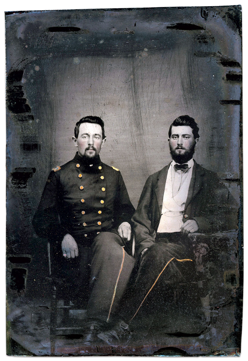 He fired one of the shots that brought down Washington: John J. Weiler, left, commanded the detachment of Company E, 17th Indiana Infantry, that discovered Washington and Rooney Lee reconnoitering near Elkwater. Weiler is pictured as major, a promotion he received in November 1864. The soldier seated next to him is unidentified. Quarter-plate ambrotype by an unidentified photographer. Rick Brown Collection of American Photography.