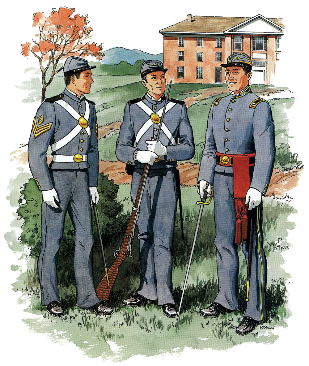 Detail of “Cadets, Virginia Agricultural and Mechanical College, 1872.” Watercolor by Floyd Richard Vranian. Corps of Cadets Museum, Virginia Tech. Used with permission.