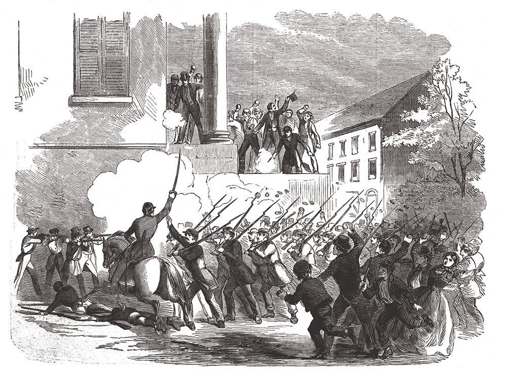 “United States volunteers attacked by the mob, corner of Fifth and Walnut streets, St. Louis,” appeared in the June 1, 1861, issue of Harper’s Weekly. Military Images.