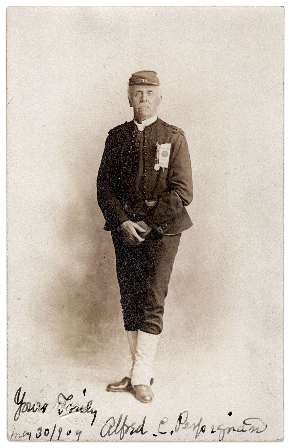 Private Albert H. Perpignau (about 1840-unknown), 14th Brooklyn, circa 1910. Real Photo postcard by Scherer of New York City. 