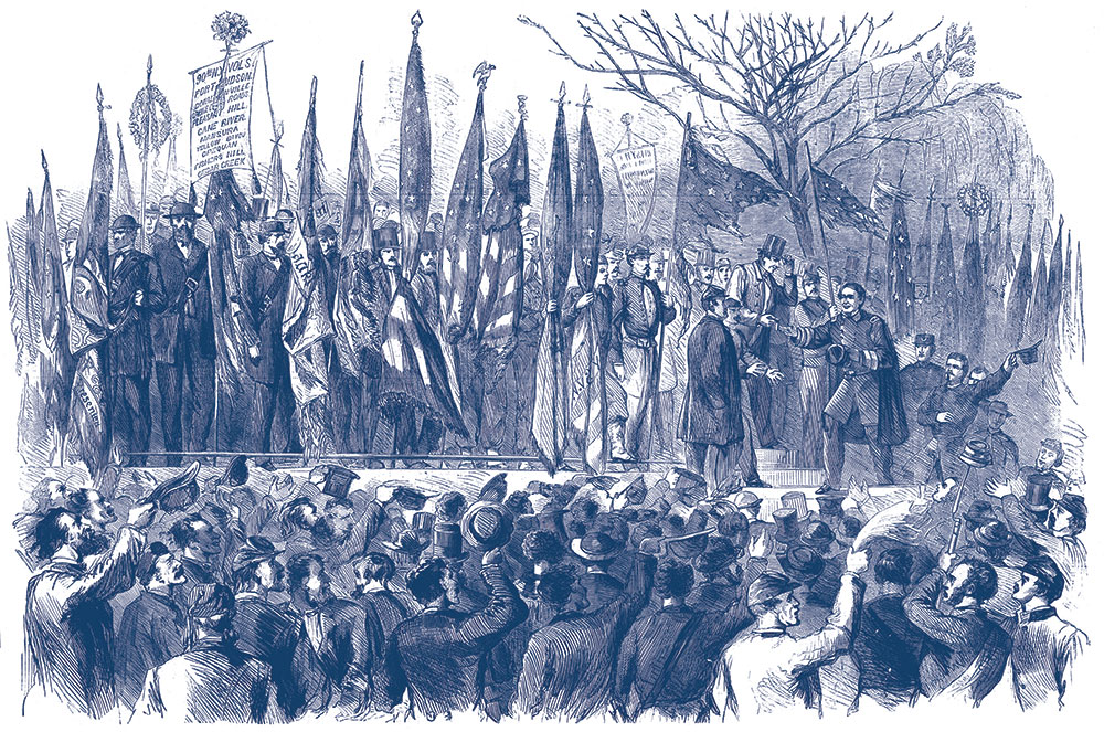 This depiction of Rear Adm. David Farragut receiving his medal during the presentation ceremony appeared in Harper’s Weekly on Nov. 10, 1866. Military Images.