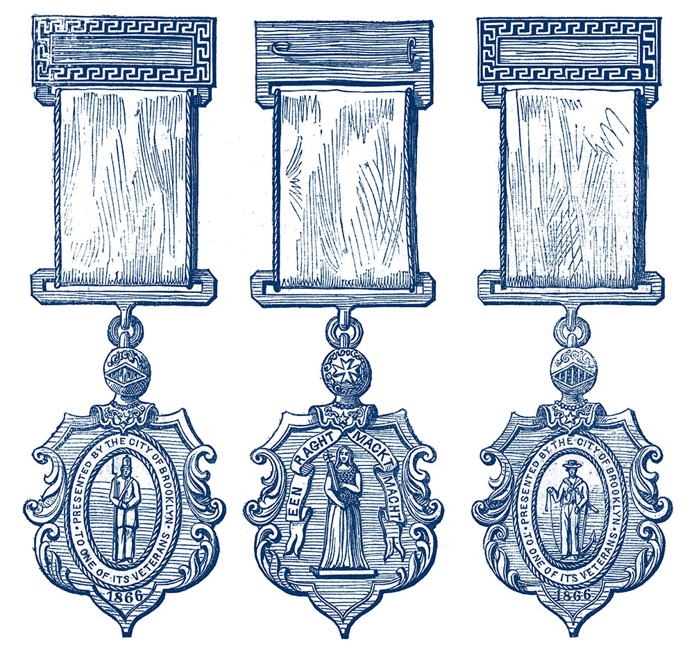 Illustration of Army (left) and Navy medals from the Nov. 10, 1866, issue of Harper’s Weekly. Both medals feature the same reverse (center). Military Images.