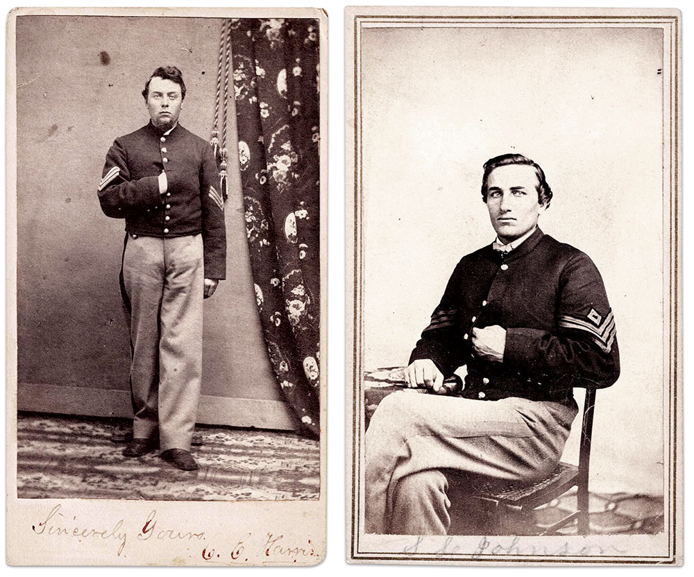 Sergeant Charles E. Harris (about 1841-1920) and 1st Sgt. Simon Lowell Johnson (1839-1905). Cartes de visite by A.W. Sprague of Lewiston, Maine, left, and L.W. Cook of Weymouth Landing, Mass. Fifth Maine Museum Collection.