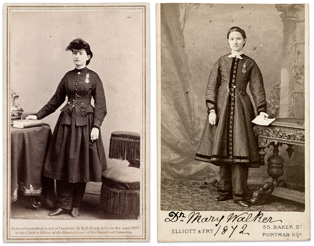 Mary wearing her Medal of Honor in New York City, left, and London. Cartes de visite by Mathew B. Brady of New York City (left), Library of Congress, and Joseph John Elliott and Clarence Edmund Fry of London, National Portrait Gallery.