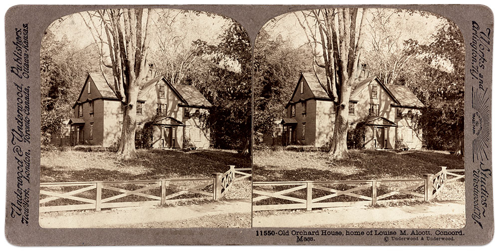 Alcott wrote Little Women in the family home, Orchard House, built in the 17th century in Concord, Mass., and named for apple trees on its property. Stereo card by Underwood & Underwood of New York City. Library of Congress.