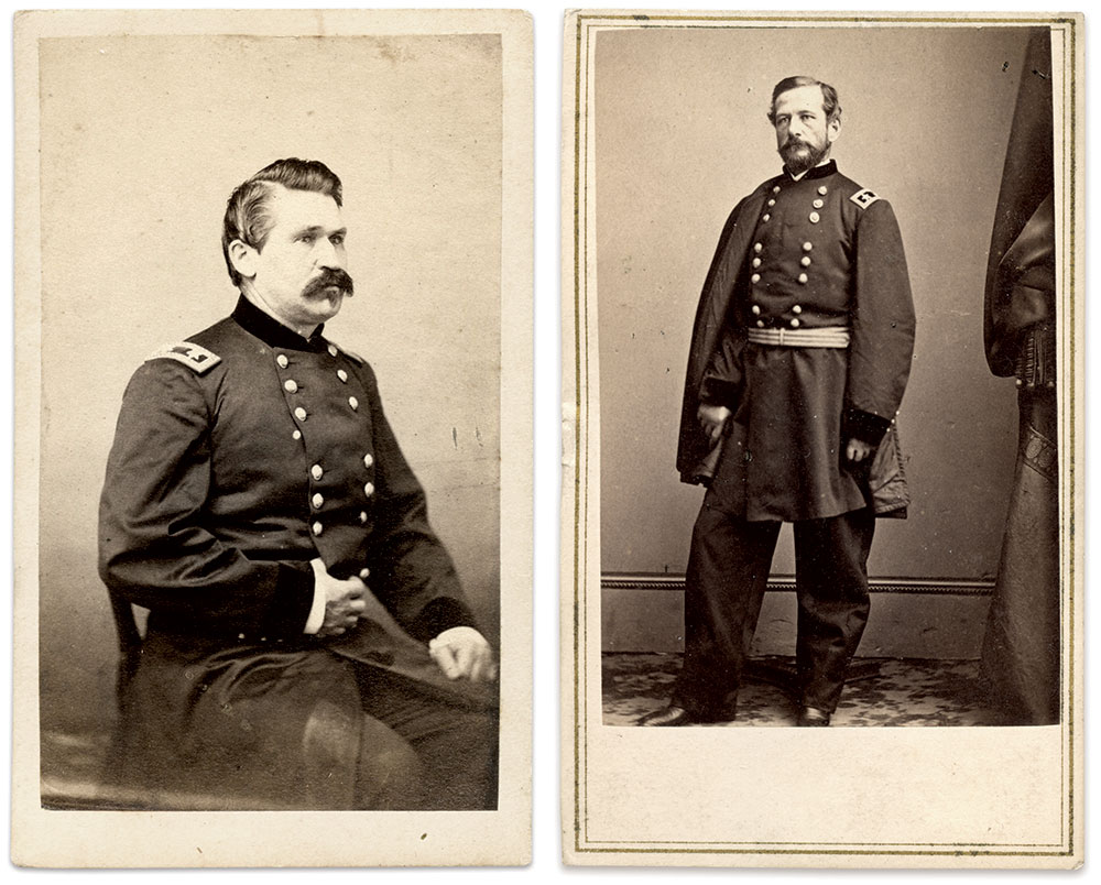 Major generals Blunt, left, and Pleasonton. Cartes de visite by an unidentified photographer, left, and Mathew B. Brady of New York City. Tom Glass Collection.