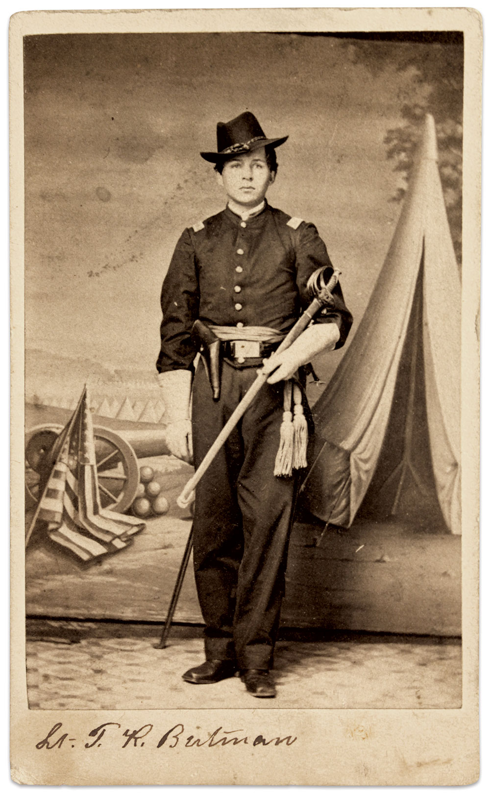 First Lt. Thomas R. Butman (1846-1915) of the 197th Ohio Infantry posed for his likeness in front of a remarkably similar backdrop in the Columbus, Ohio, gallery of Reeve & Watts.