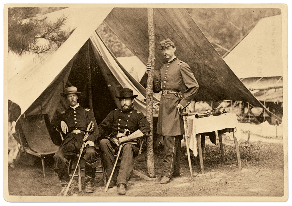 Myer, above center, with two officers. Library of Congress.