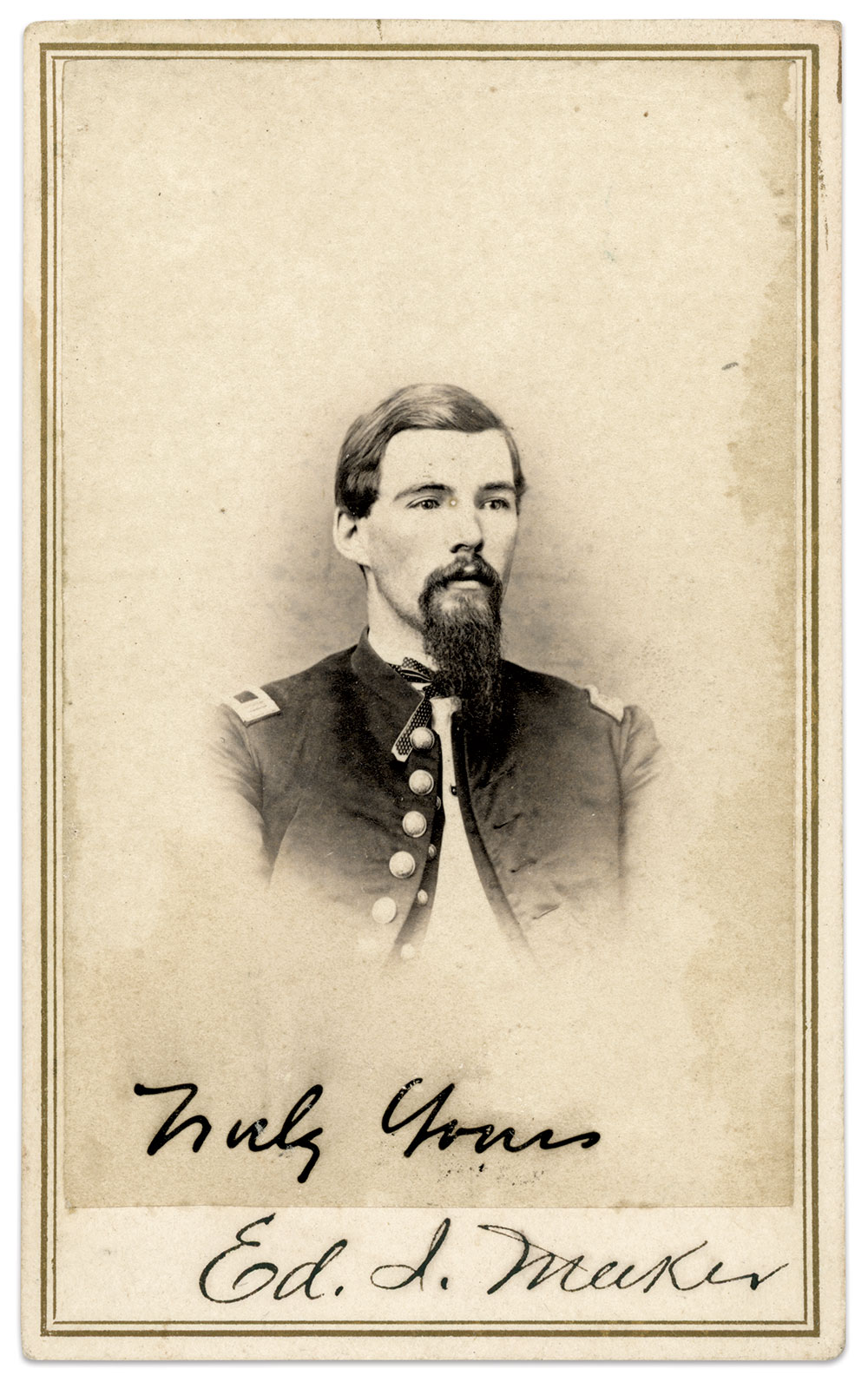 Captain Edwin I. Meeker commanded the Signal Corps detachment at Leavenworth. Carte de visite by J.P. Marshall & Co. of Leavenworth, Kan.