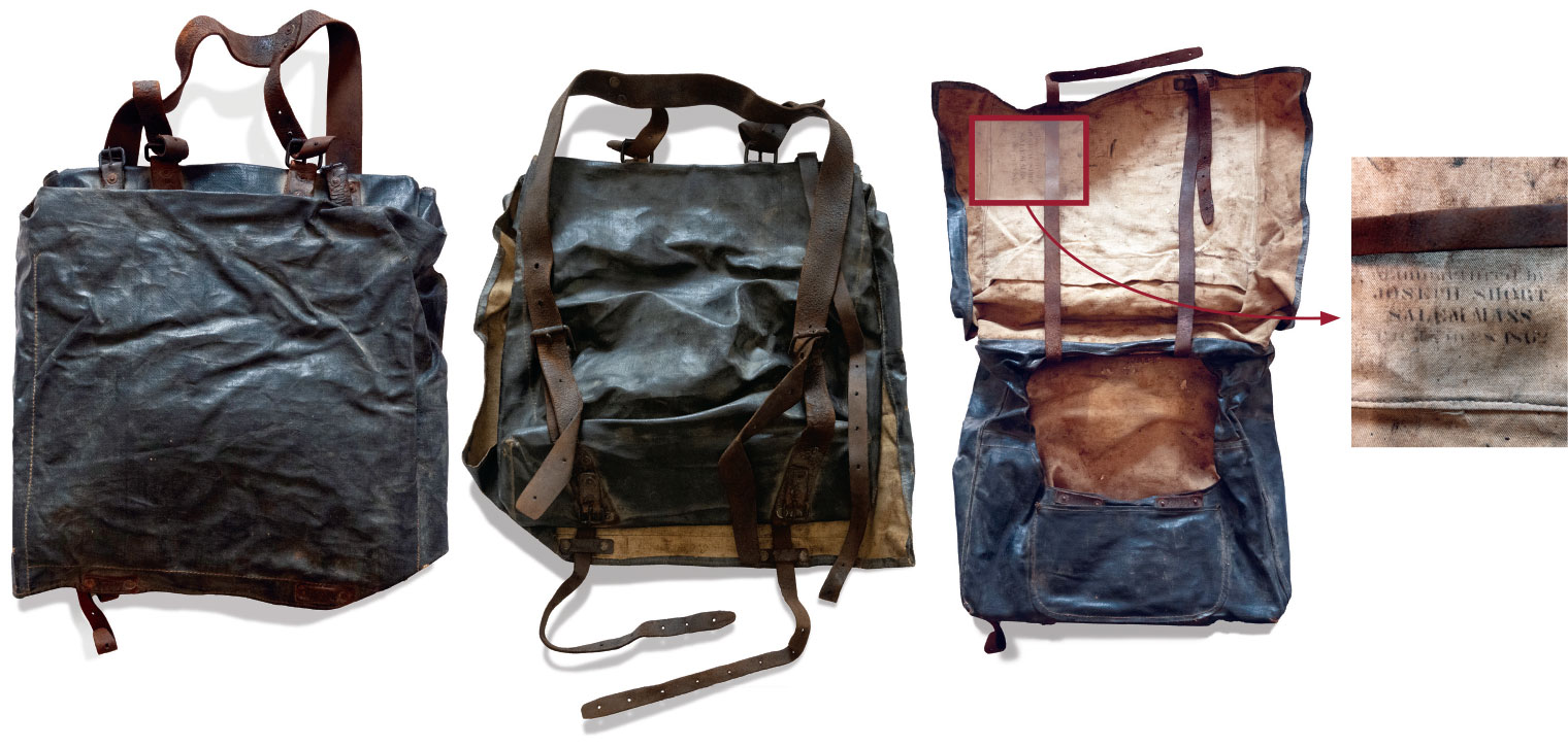 Cyrus’ Short’s Patent knapsack survives. Detail shows the 1862 manufacturing stamp of Joseph Short, Salem, Mass. Author’s collection.