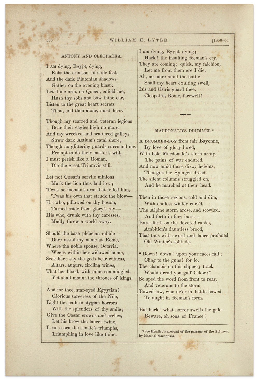 Lytle’s “Antony and Cleopatra” in the 1860 book The Poets and Poetry of the West. Internet Archive.