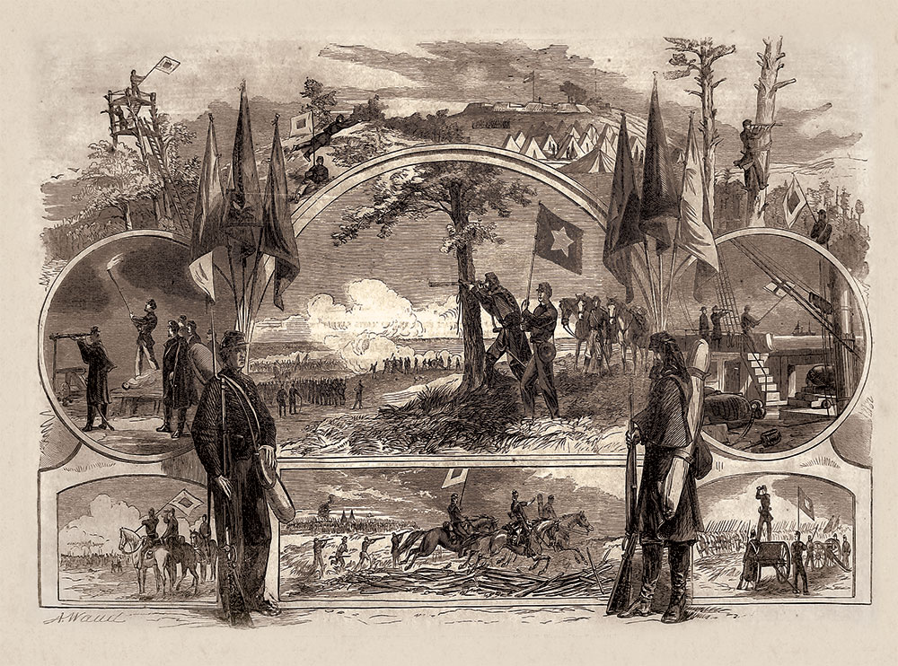 Vignettes of the nascent U.S. Signal Corps by war artist Alfred R. Waud from the June 28, 1862, issue of Harper’s Weekly. Internet Archive.