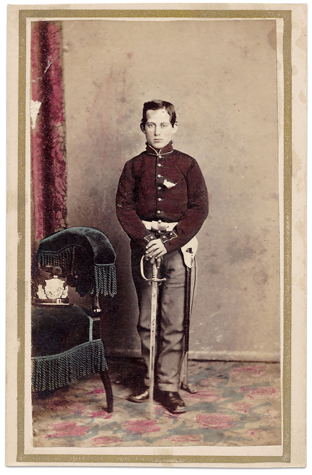 Boy musician, Marine Barracks Brooklyn, circa 1862. This is the only known studio photograph of a Marine boy musician showing his uniform dress and equipment. The portrait is important for two reasons: It shows the distinctive uniform of a Marine boy musician, and one of the rarest musician swords used by the Marine Corps. Carte de visite by R.A. Lord of New York City. Courtesy of The Horse Soldier.