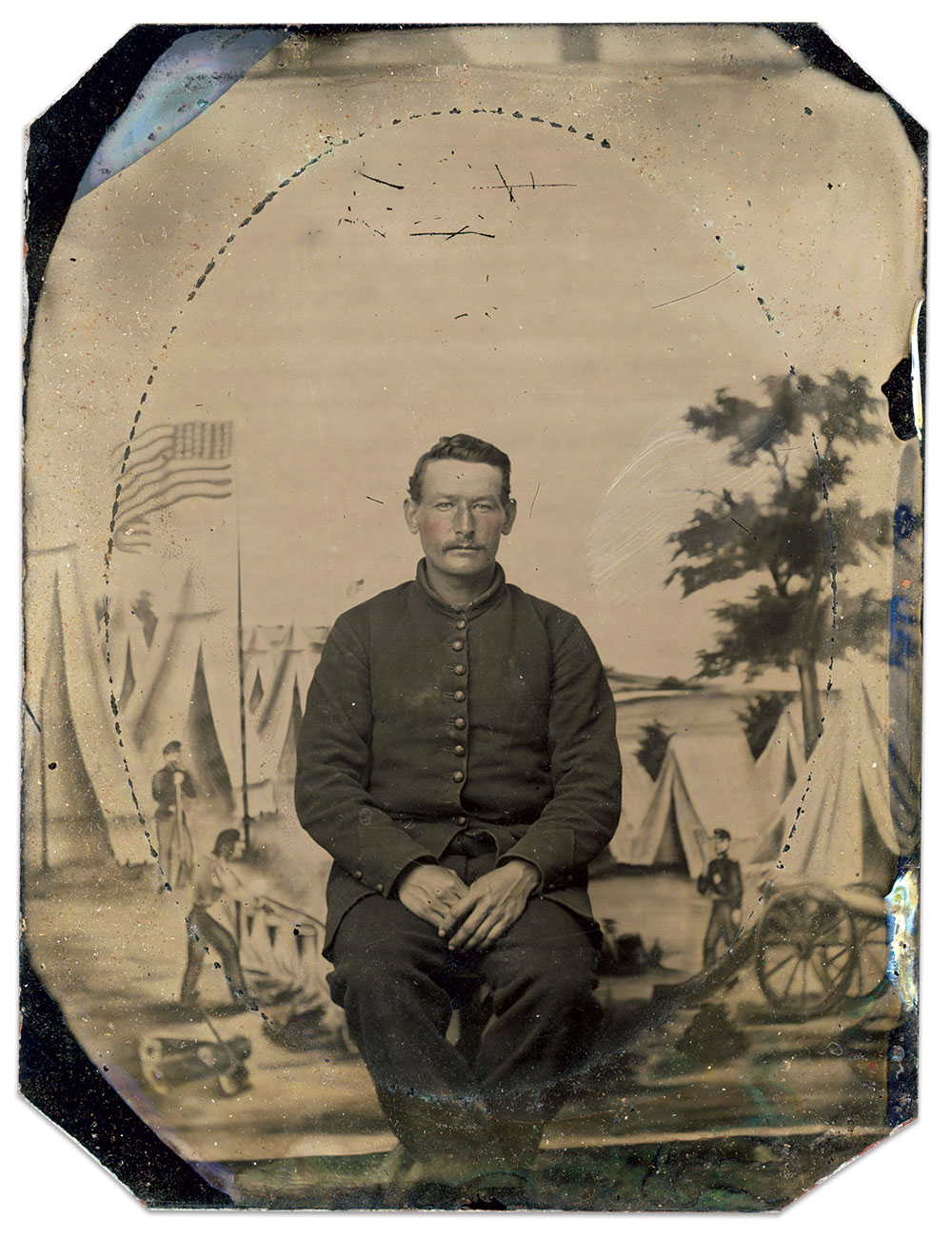 Pictured in April 1863, Henry wears a newly issued uniform with the familiar Goodyear buttons of the Sharpshooters. Quarter-plate tintype by an unknown 3rd Corps photographer.
