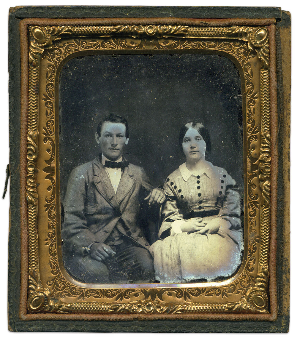 Henry with a lock of hair, circa 1859, and seated alongside Almira “Myra” Sherrer, circa 1860.Sixth-plate ambrotype by an unidentified photographer.