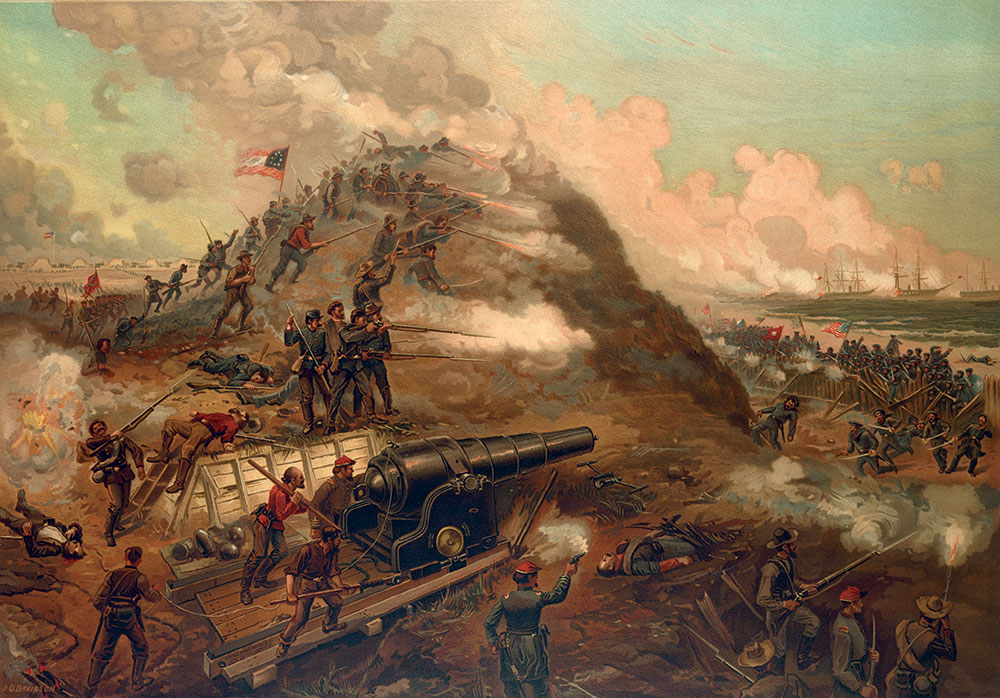 View of the Forlorn Hope from the position of Fort Fisher’s Confederate defenders by Louis Prang, circa 1887. Evans was the only naval officer to penetrate the stockade and reach the earthen wall. Library of Congress.