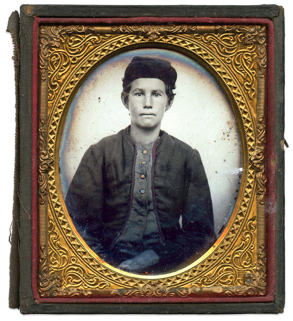 The colorist of the portrait of Benjamin W. Roberts of Company A applied red paint to the narrow binding edging his second-pattern Zouave jacket with integral vest, which likely indicates that all of the jackets received in December 1861 were trimmed in this manner. According to family history and other records, Roberts ran away to join the army, but was brought back home to Belleville by his father. He tried again after walking to St. Louis, and succeeded in enlisting, in August 1861, for a three-year enlistment. Six months later at Fort Donelson, he suffered a slight wound in the head. At some point afterward he fell ill and medical personnel sent him to the military hospital at Keokuk, Iowa, where he succumbed to a lung infection in October 1862. His life dates are unknown. Sixth-plate ambrotype by an unidentified photographer. Rick Brown Collection of American Photography.