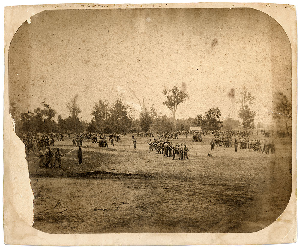 Photographed in camp near Evansville, Ind., during May-June 1861, Wallace’s Zouaves drilled with sword bayonets fixed while “rallying by fours” to guard against cavalry. A regular part of Zouave drill demonstrated by the United States Zouave Cadets under Elmer E. Ellsworth during their tour in 1860, this formation was seldom, if ever, used in combat during the Civil War.