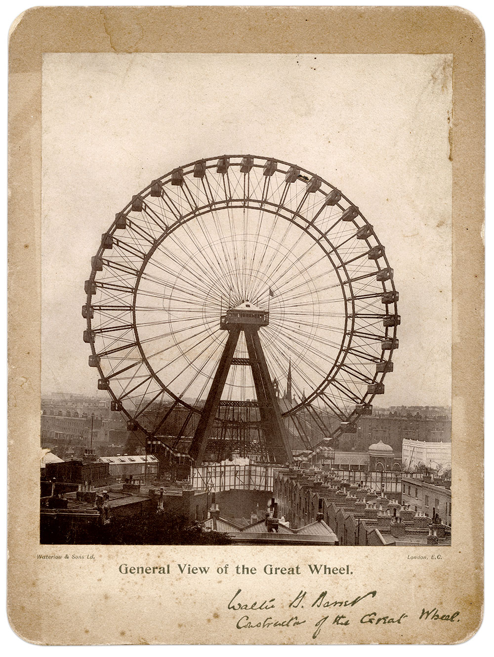 A souvenir of Graydon’s Great Wheel at the Empire of India Exhibition at Earl’s Court in London, 1895. A facsimile signature of Walter B. Basset (1864-1907), who constructed the wheel and purchased Graydon’s European rights, appears on the mount. Print by Waterlow & Sons on London. Rick Brown Collection of American Photography.