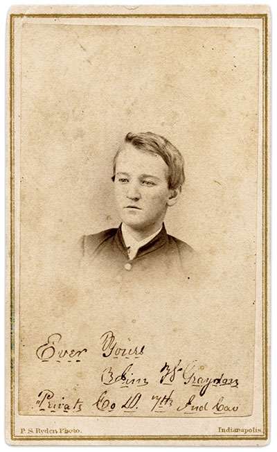 Jimmy pictured during his time in the 7th Indiana Cavalry. Carte de visite by P.S. Ryder of Indianapolis, Ind. Rick Brown Collection of American Photography.