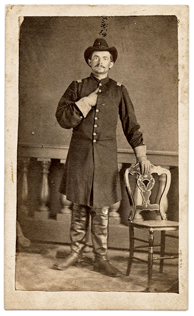 Captain Joseph W. Skelton (1836-1918) volunteered to lead an advance guard of Union troopers dressed in Confederate gray “just for fun.” Carte de visite by Theodore T. Axe of Indianapolis, Ind. Rick Brown Collection of American Photography.