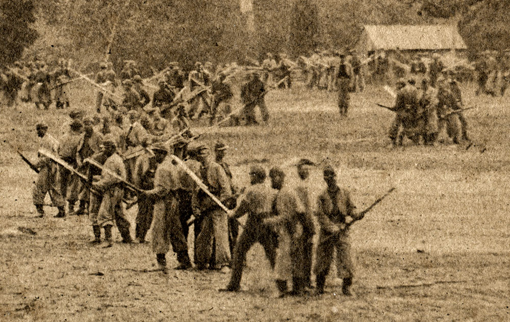 “Rallying by Fours,” is based on the photograph. The illustrator used artistic license to create a single, well-composed group of Zouaves. The other views were likely inspired by other photos commissioned by Harper & Brothers and currently lost.